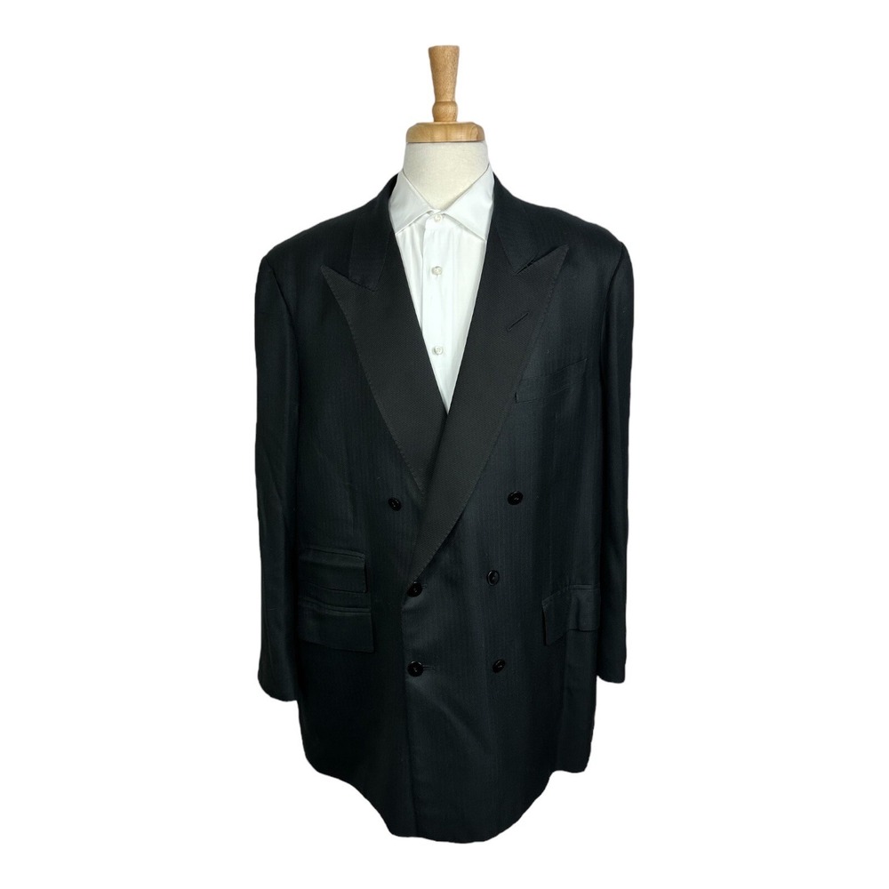 Edgar Pomeroy Mens 50R Bespoke Black Herringbone Wool Cashmere Tuxedo Blazer
